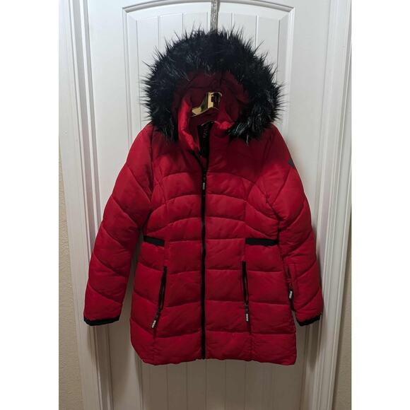 Guess Red Polyester Lined Puffer Winter Coat Faux-Fur Hood Size L - Picture 1 of 15